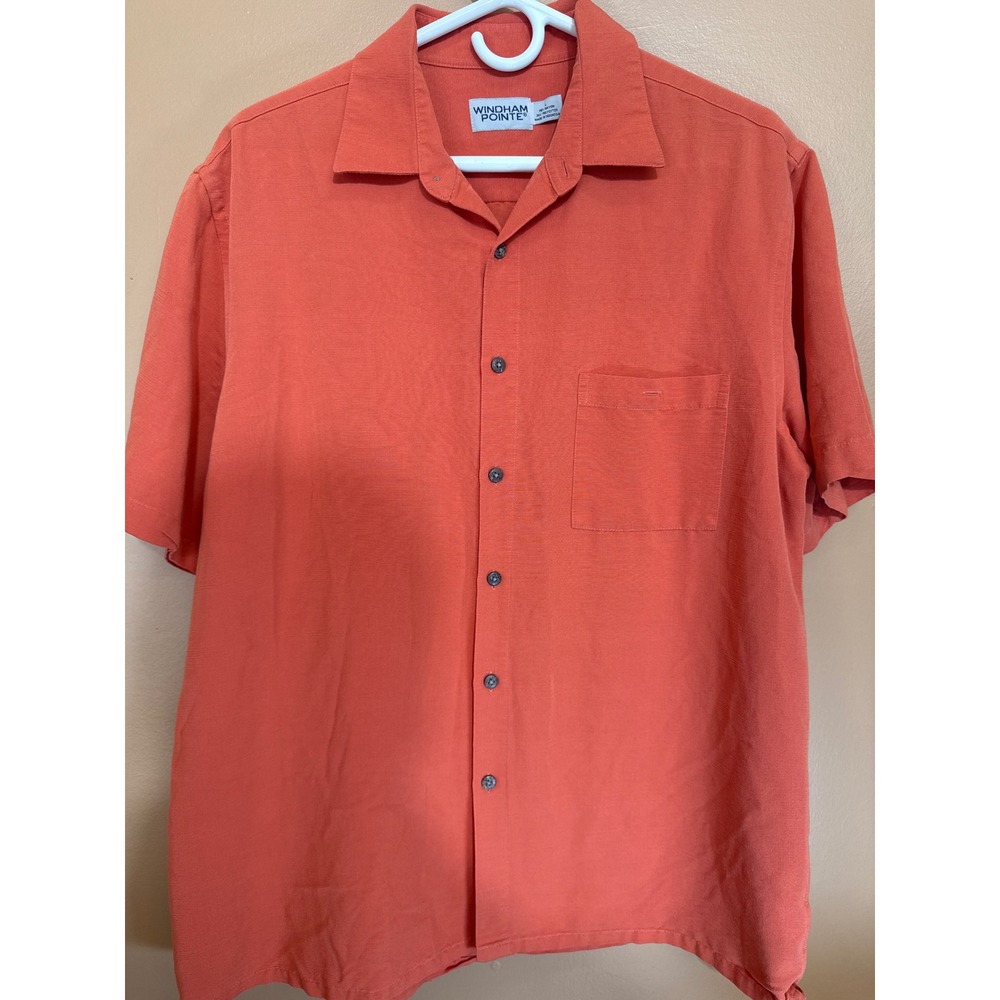 Windham Pointe Mens Large Coral Orange Short Sleeve Button Down Camp Shirt Rayon